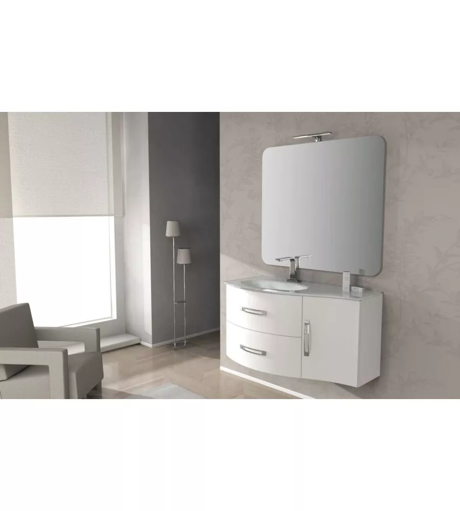 MOBILE BAGNO "BEST" BIANCO CON SPECCHIO E LAVABO IN VETRO, 104X52X55 CM